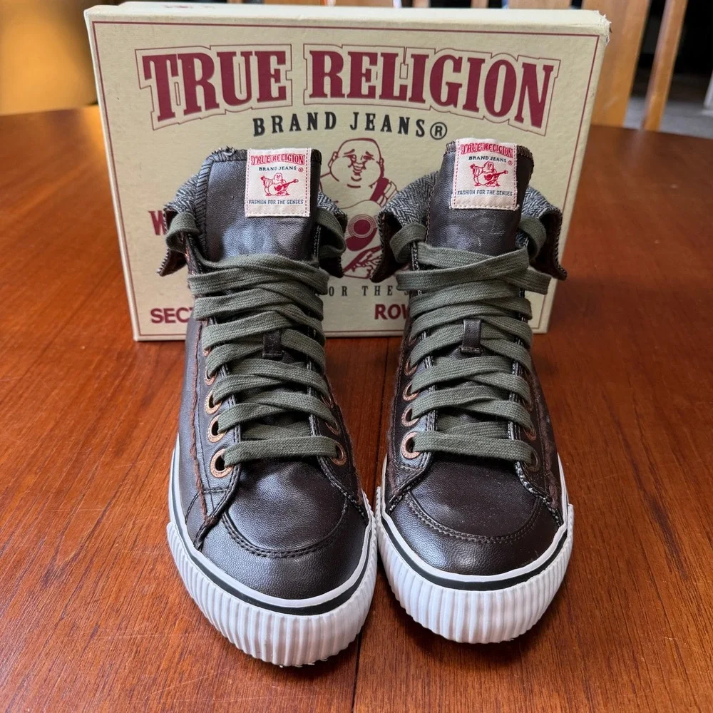 True Religion Brown Faux Leather Herringbone Fold Over High Top Sneakers Y2K
